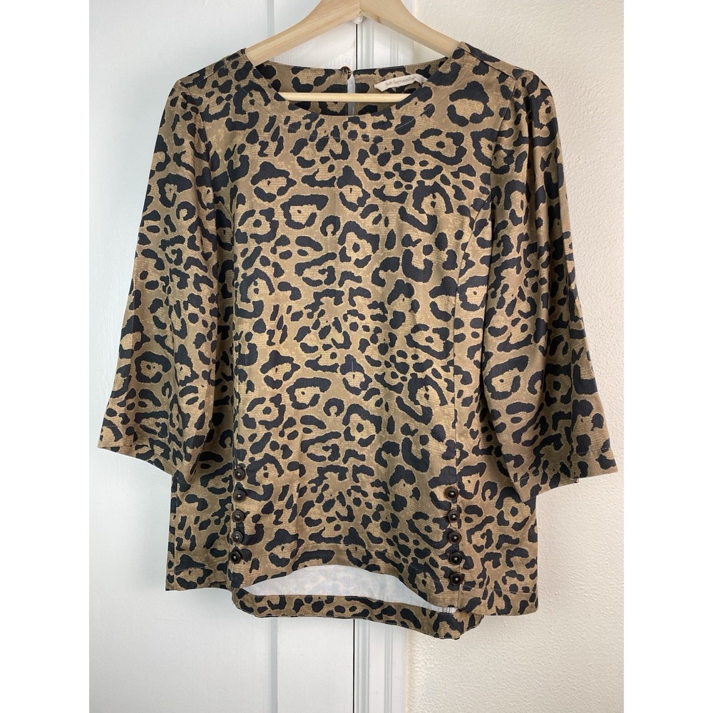 Soft Surroundings Women's PM Tan Black Animal Print 3/4 Sleeve Button Blouse